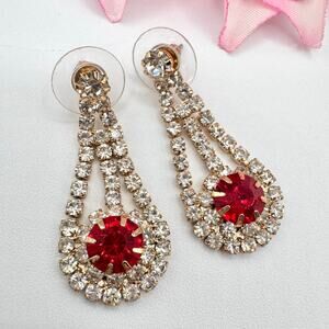 Vintage Rhinestone Flower Drop Earrings Red Clear Prong Set Crystal Chic Retro